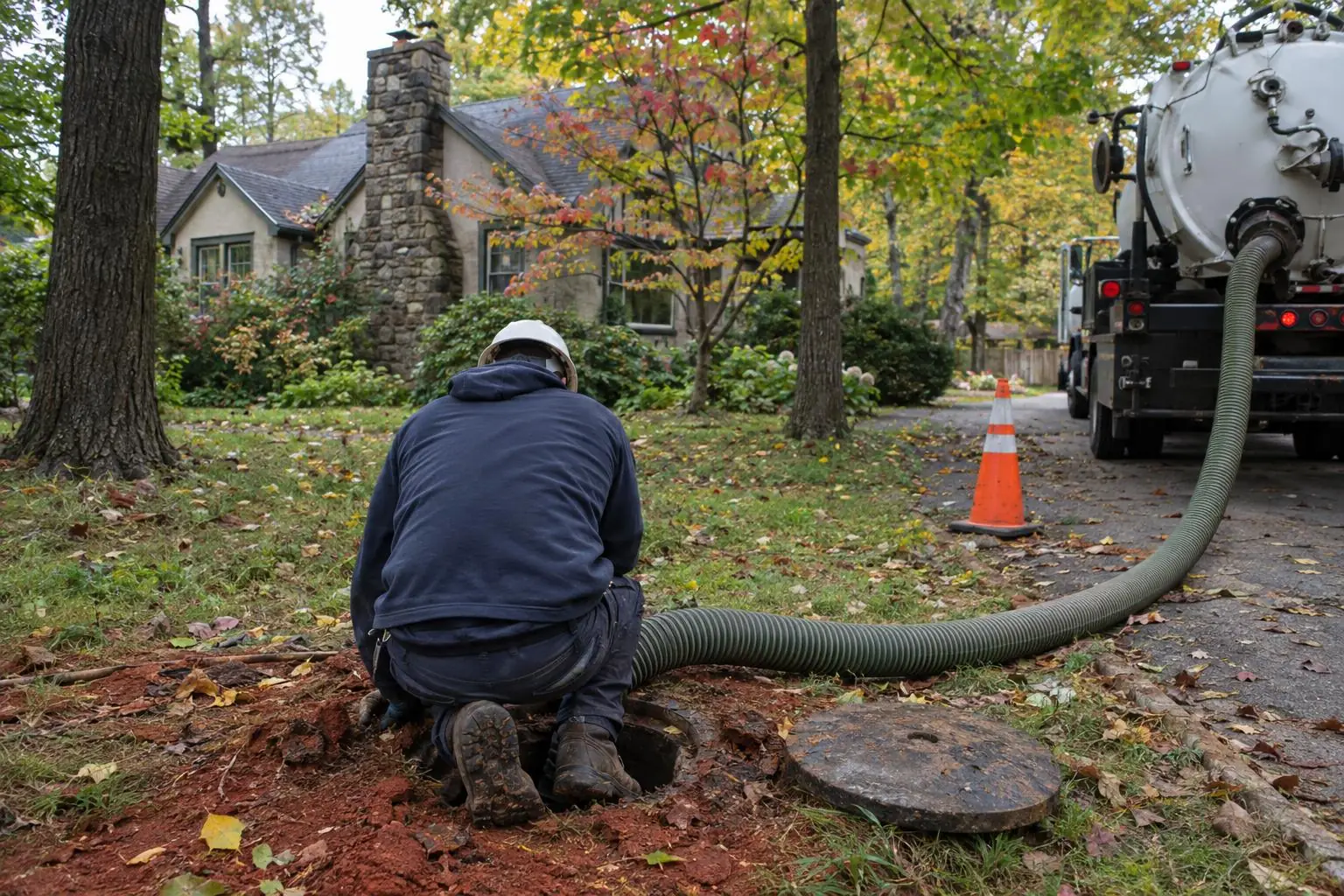A technician kneeling at an open cleanout next to a vacuum truck hose and a traffic cone on a leafy street